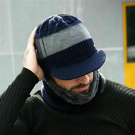 Men Winter Warm Hat Knit Visor Beanie Fleece Lined Billed Beanie With