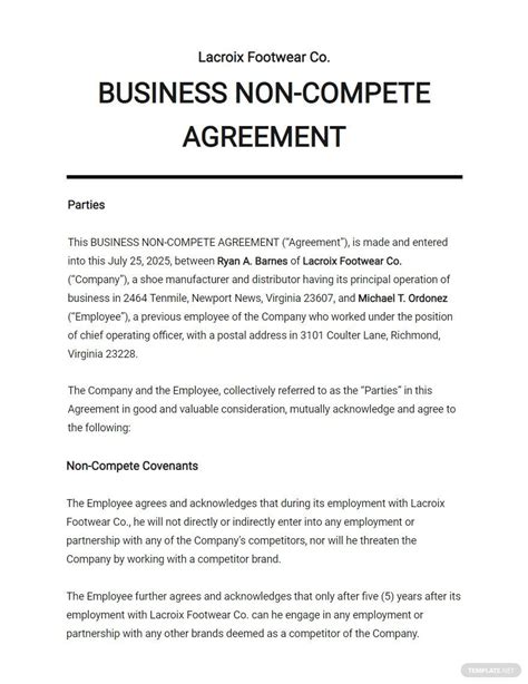 Sample Non Compete Agreement Template Google Docs Word Apple Pages