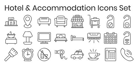 Hotel Icon Set Vector Outline Black And White Accomodation Icons Set