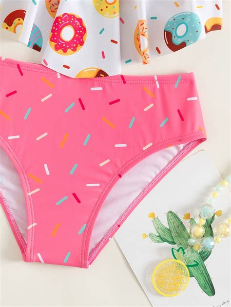 Shein Conjunto De Mai Bikini Babado E Estampa De Rosquinha Para