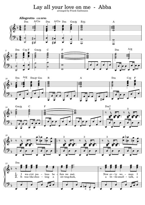 Lay All Your Love On Me Arr Frank Gathmann By Abba Sheet Music For Piano Vocal And Guitar