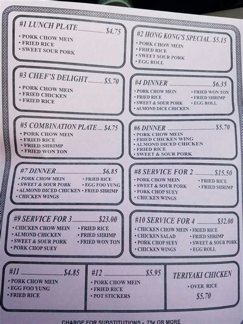 Menu At Hong Kong Chop Suey Restaurant Orosi Avenue B