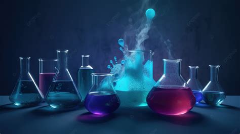 Chemistry Lab In Dark Space With A Blue And Purple Liquid Background