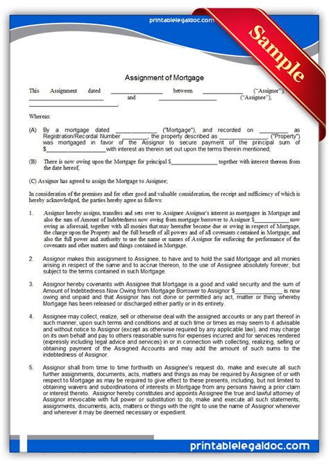 Free Printable Assignment Of Mortgage Form GENERIC