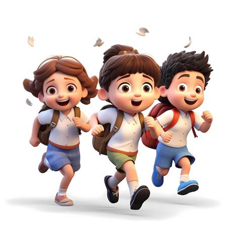 Premium Photo | 3d cute kids run to school white background