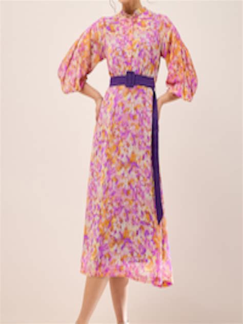 Buy Antheaa Purple Floral Print Mandarin Collar Puff Sleeve Chiffon Fit