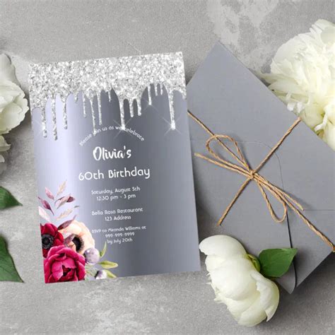 60th Birthday Silver Glitter Drip Burgundy Florals Invitation Zazzle