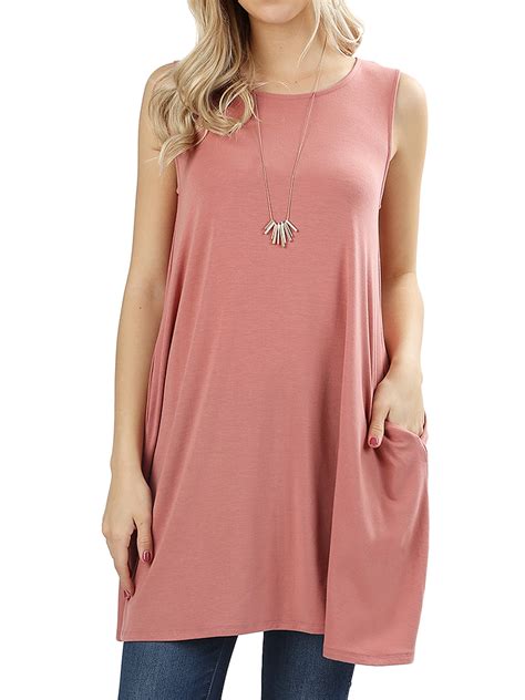 Women Round Neck Sleeveless Flowy Tunic Top With Side Pockets Ash Rose