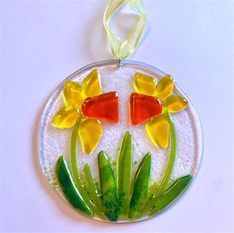 Fused Glass Daffodil Hanging Sun Catcher Decora Folksy