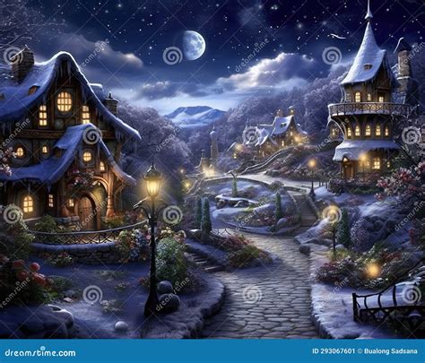 Fantasy Village in Winter is a Fantasy Village in Night Sky. Stock ...