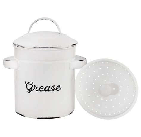 Auldhome Enamelware Grease Container With Strainer Farmhouse Kitchen