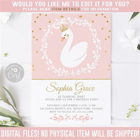 Editable Princess Swan Birthday Invitation Corjl Template Etsy