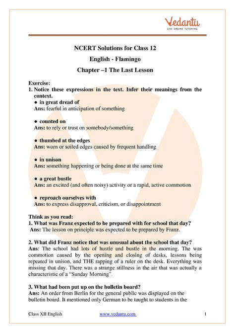 Ncert Solutions For Class 12 English Chapter 1 The Last Lesson Ncert Solutions For Class 12