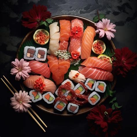 Premium Ai Image Photo A Plate Of Sushi And Sushi With Flowers And