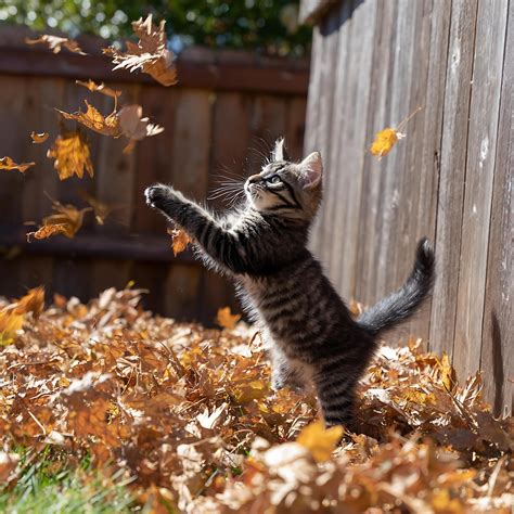 Adorable Tabby Kitten Playfully Batting at Falling Autumn Leaves in a