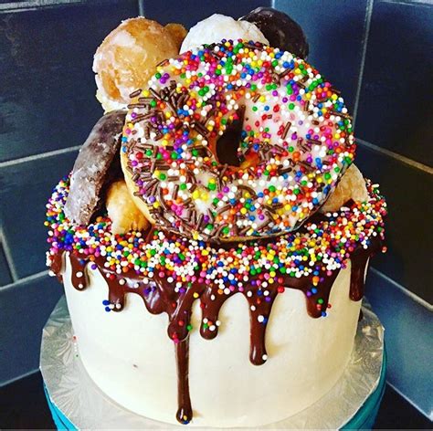 donut cake, chocolate ganache, sprinkles, buttercream icing