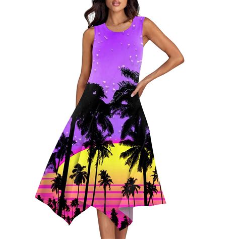 Knosfe Hawaiian Dress For Women Sleeveless Boho Crew Neck Maxi