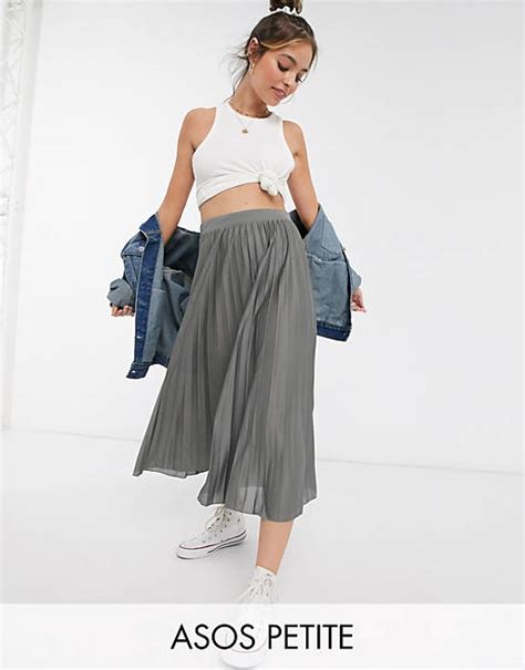 Asos Design Petite Pleated Midi Skirt In Gray Asos