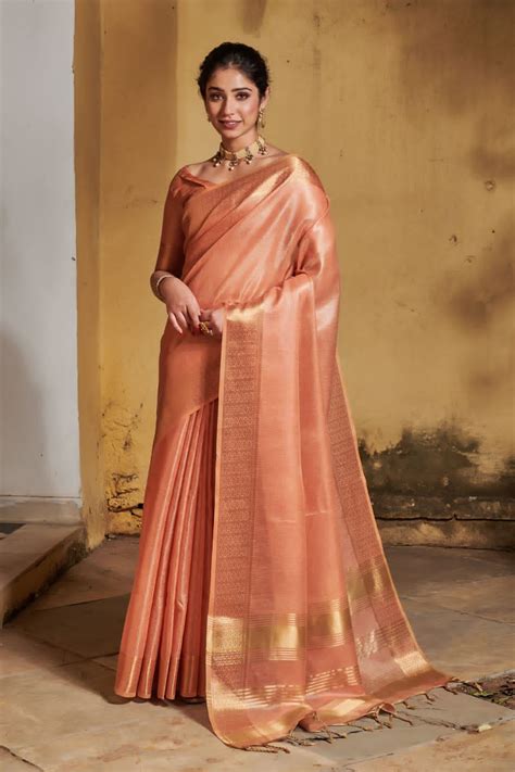 Party Wear Saree In Peach With Gold Border Rsm Silks Online