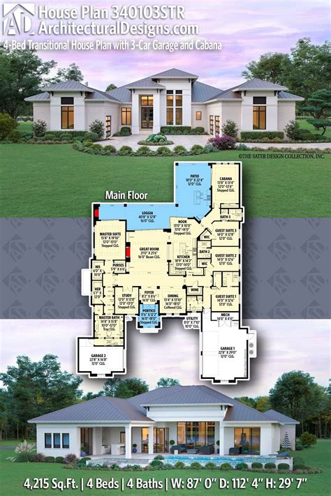 Plan Str Bed Transitional House Plan With Car Garage And