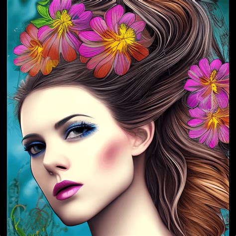 Bohemian Dark Wild Hair Woman Vibrant Flowers Hyper Realistic Intricate