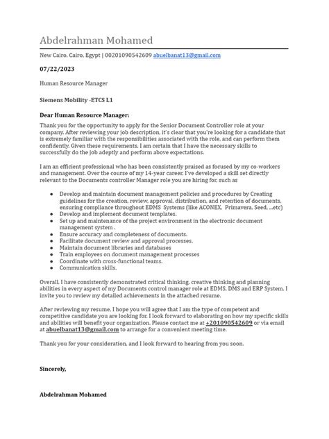 Cover Letter For Siemens Pdf