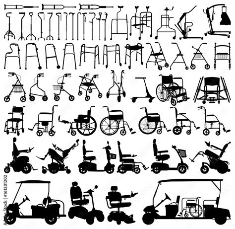 Mobility aids for elderly and disabled people vector silhouettes ...