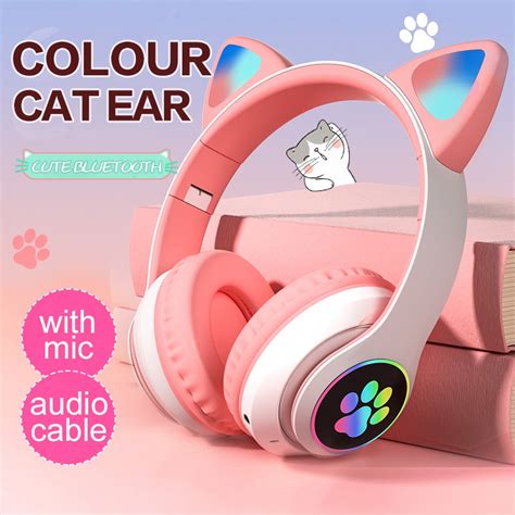 Cute Cat Ear Bluetooth 50 Headphone Erphone Wireless Gaming Blutooth Headset With Mic Noise