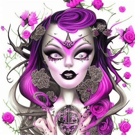 Wunderschönes Detailliertes Fantasy Pinup Mit Hexenmotiv Gothic Rosafarbenes Violettes Haar