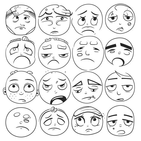 Sad Emotion Set Of Cartoon Faces Outline Sketch Drawing Vector Face