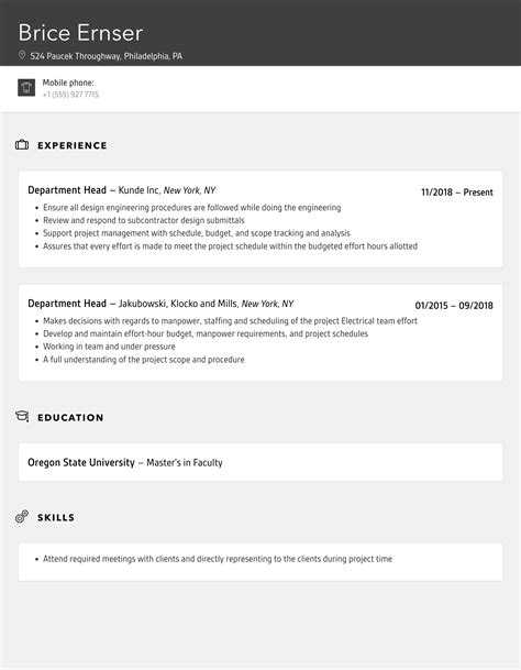 Department Head Resume Samples Velvet Jobs