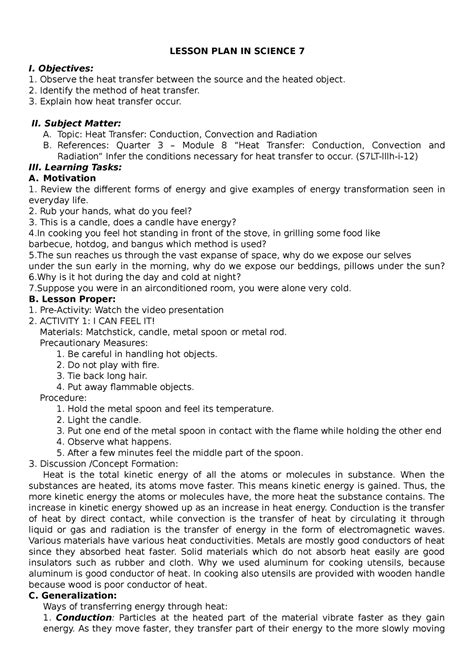 Lesson Plan Sci7 Heat Transfer Lesson Plan In Science 7 I