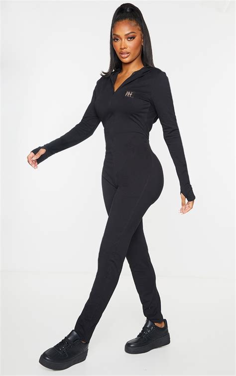 Prettylittlething Shape Black Hooded Jumpsuit Prettylittlething Usa