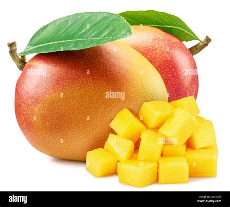 Mango Fruits With Green Leaf And Mango Cubes Isolated On White