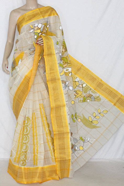 Off White Hand Printed Bengal Tant Cotton Saree Without Blouse 13906