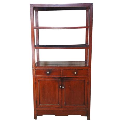 Antique Chinese Lacquered Elm Bookcase Etagere Dry Bar Cabinet Room