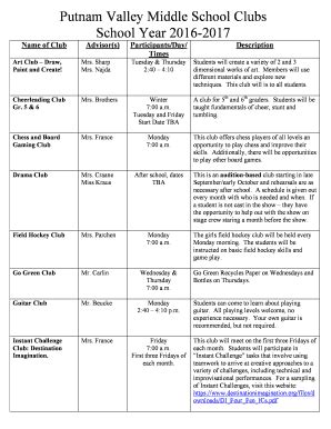 Fillable Online Putnam Valley Middle School Clubs Fax Email Print