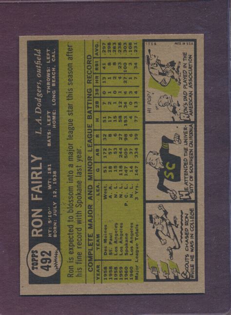 1961 Topps Ron Fairly 492 GREEN BOTTOM BASEBALL Dodgers NM MT EBay