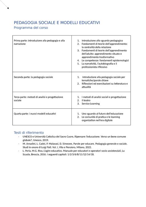 Pedagogia E Modelli Sociali Educativi Pedagogia Sociale E Modelli Educativi Programma Del
