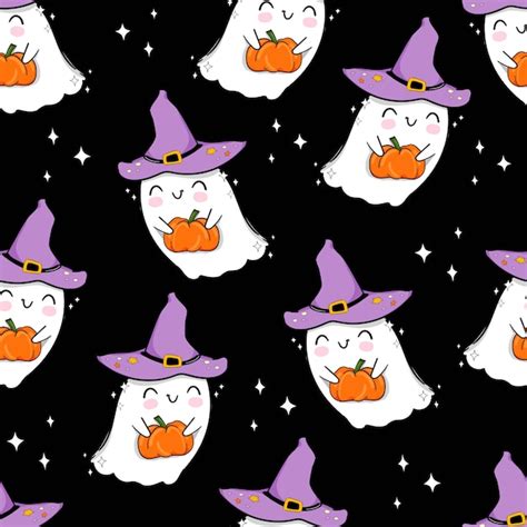 Premium Vector Halloween Seamless Pattern Cute Ghost With Pumpkin