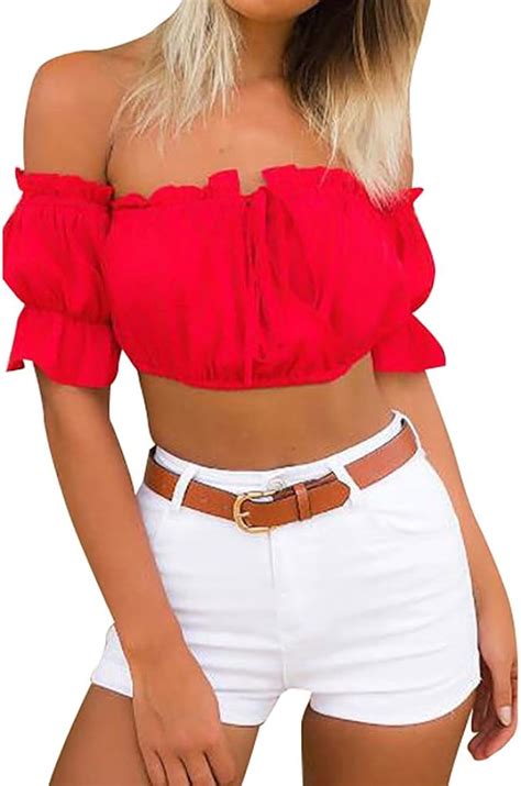 Damen Schulterfrei Bluse Cold Shoulder Shirt Bauchfrei Top Oberteil