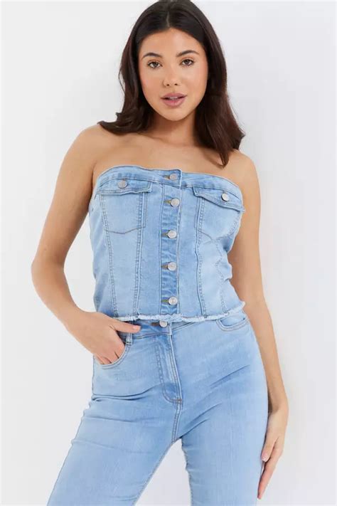 Light Blue Denim Bandeau Top Quiz Clothing