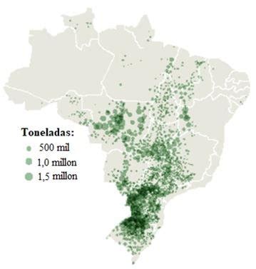 Mapa de la producción agrícola de soya Fuente IBGE 2015 Download