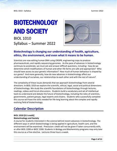 Biol Syllabus Summer Biotechnology And Society Biol