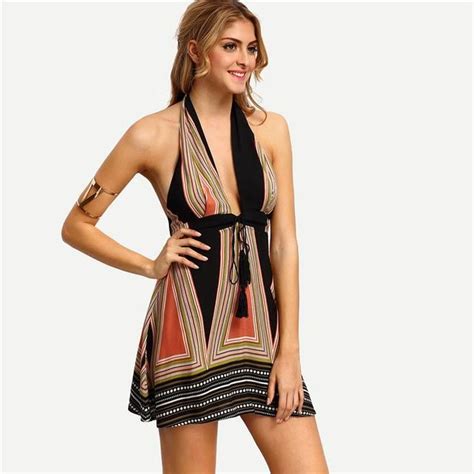 Multicolor Summer Vintage Backless Halter Dress With Tassel Tie