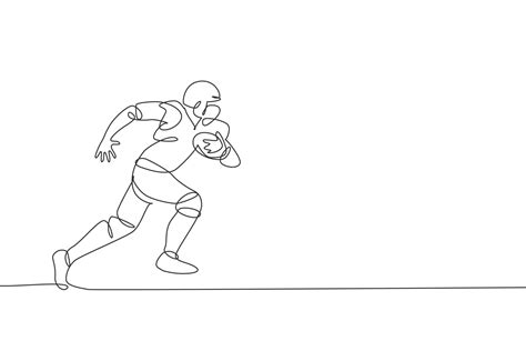 One single line drawing of young energetic american football player running while hold the ball ...