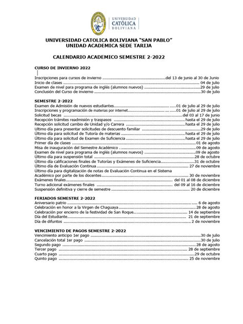 Calendario Academico 2 2022 Pdf