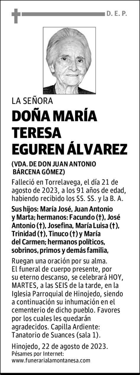 Do A Mar A Teresa Eguren Lvarez Esquela Necrol Gica El Diario Monta S