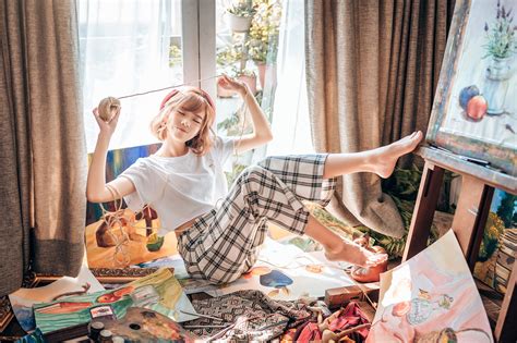 Women Room Interior Asian Model Women Indoors Barefoot Sitting Closed