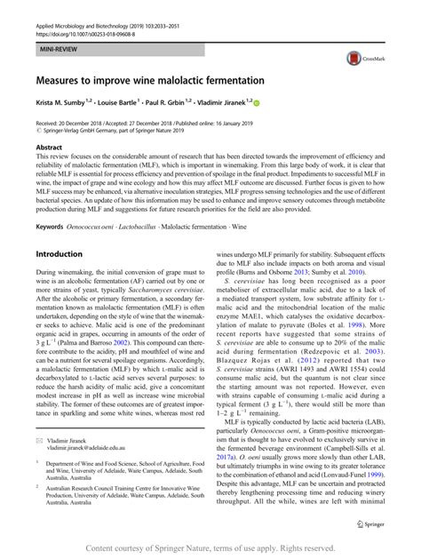 Measures to improve wine malolactic fermentation | Request PDF